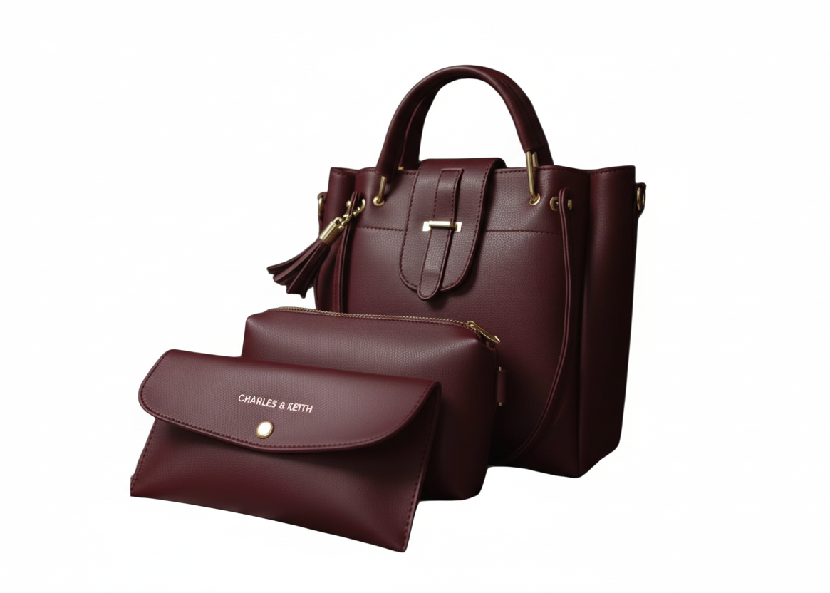 Brown handbag with matching pouch on a white background