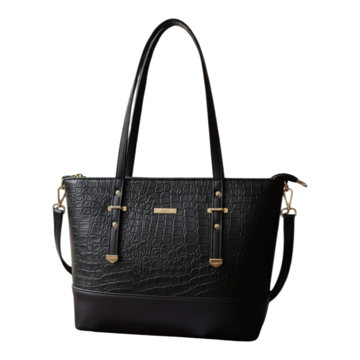 Crocodile Textured Tote Bag (Black)