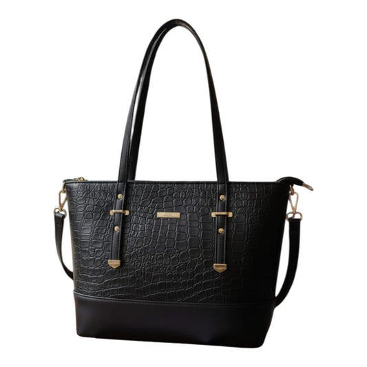 Crocodile Textured Tote Bag (Black)