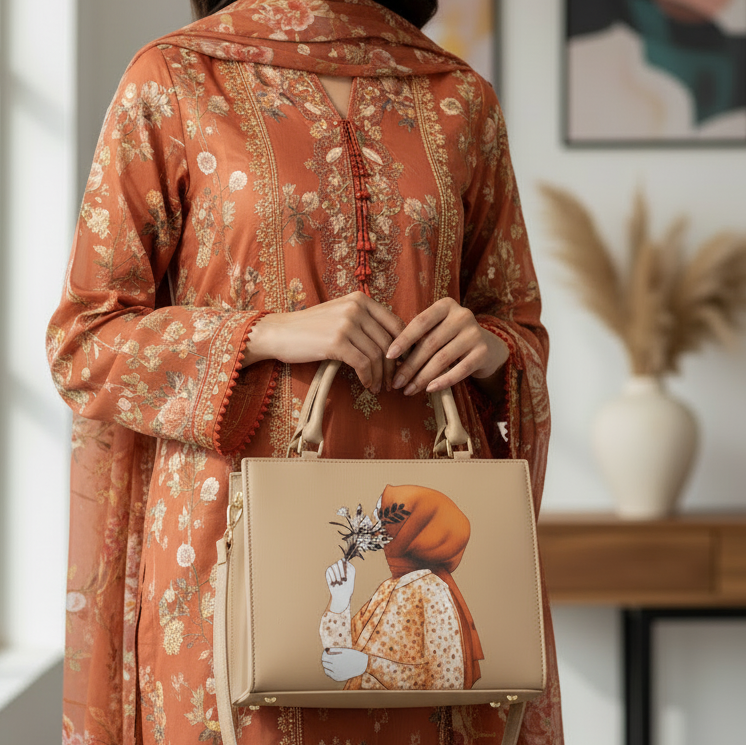 Beige handbag with artistic design of a person holding flowers on a white background