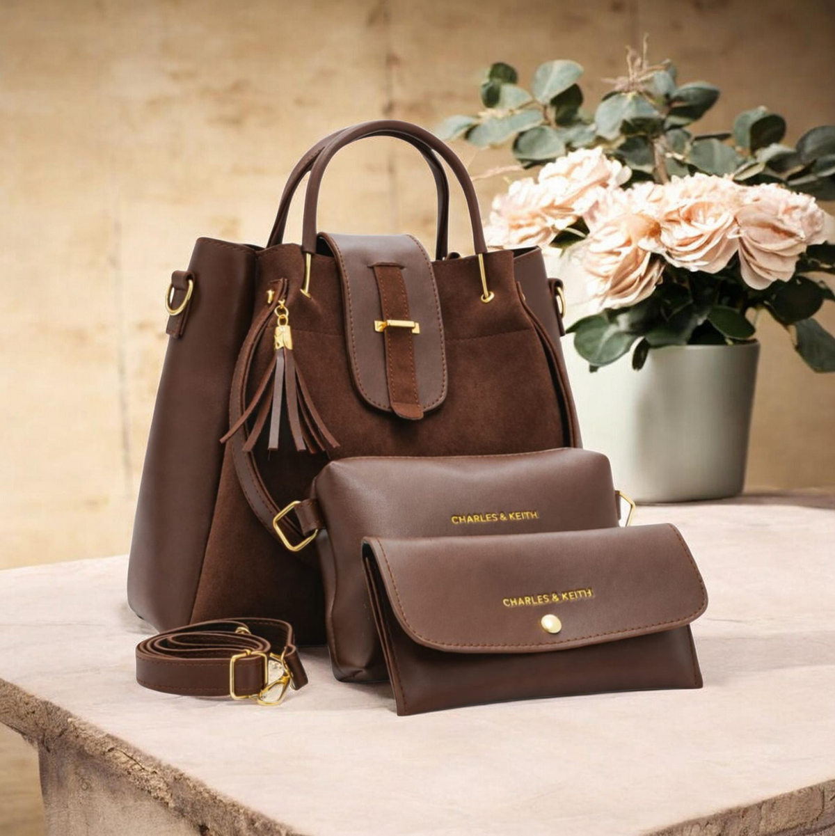 Aura - 3 PCs Handbag Set Brown